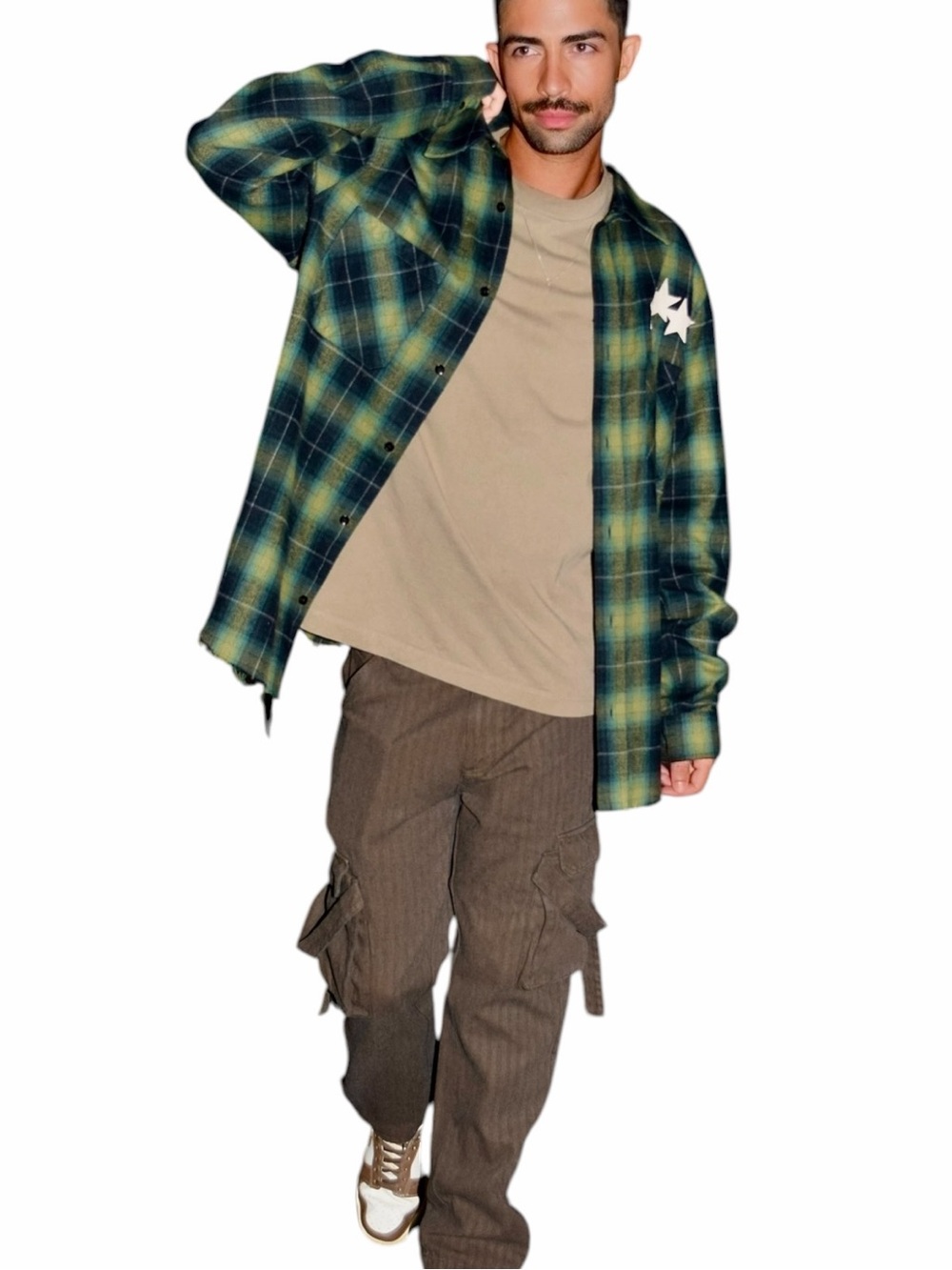 AMIRI Men’s Green Plaid Flannel Button Down Shirt Leather Star Patches XL Luxury